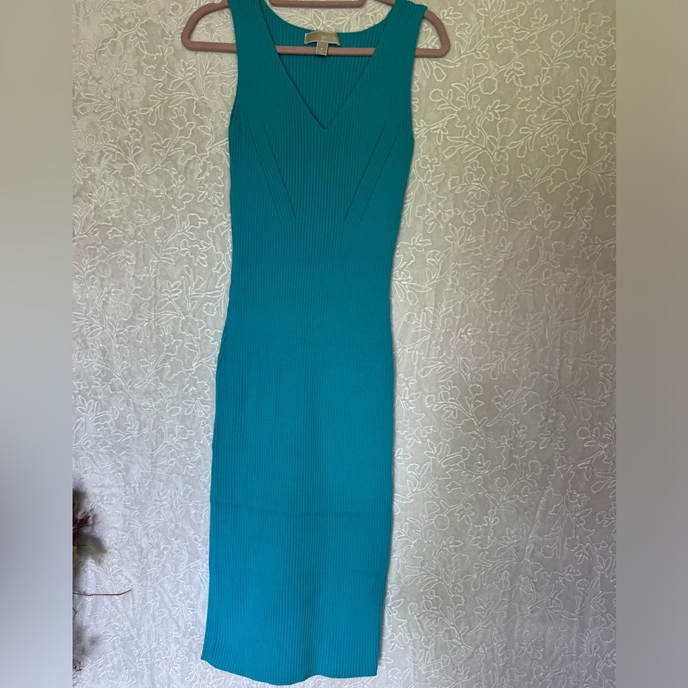 Michael Kors Teal Ribbed V-Neck Midi Dress